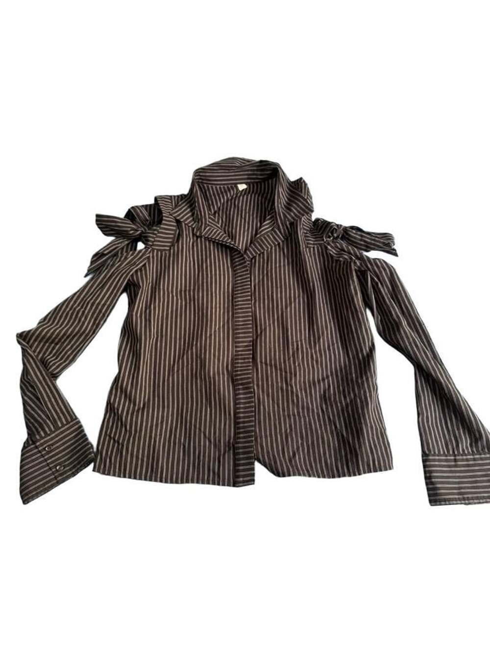 BP. Cold Shoulder Shirt Size L Black White Striped Tie Sleeve Button-Front
